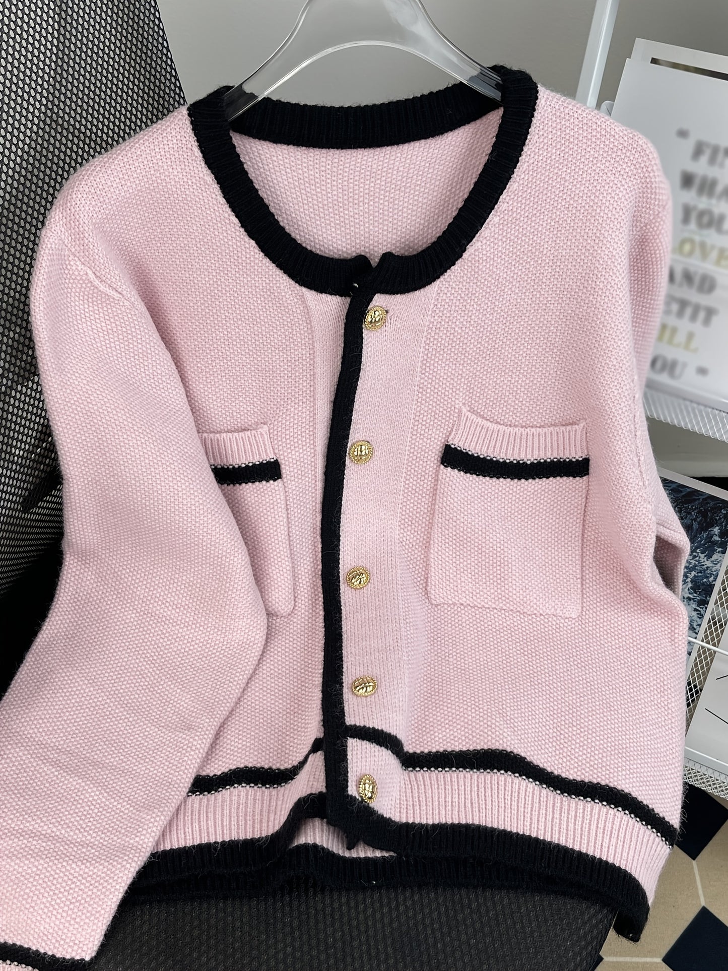 Contrast Trim Button Up Knit Cardigan, Casual Long Sleeve Crew Neck Sweater With Pocket, Women's Clothing