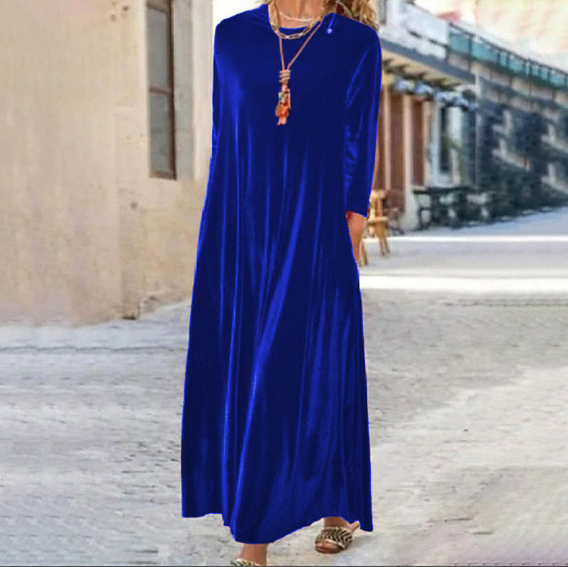 Cross-Border2024Amazon Spring New Gold Velvet European and American Slimming Temperament Crew Neck Long Dress