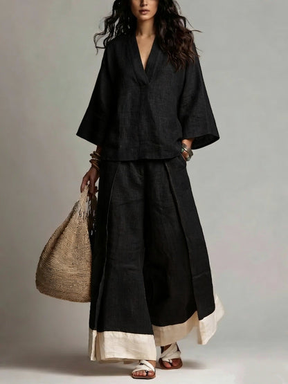 Annie's Fashion Women's Cotton-Linen V-Neck Three-Quarter Sleeve Shirt and Wide-Leg Pants Set