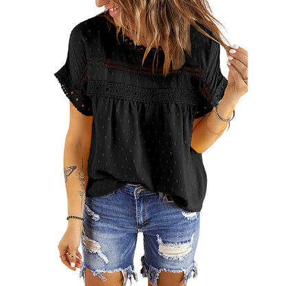 Amazon2023Summer New Europe and America Cross Border Women's round Neck Lace Crocheted Short Sleeve Shirt Casual Chiffon Shirt