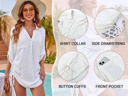 Womens Bathing Suit Cover Ups Bikini Swimsuit Coverup Drawstring Beach Dress Shirt - Seldom Seen Styles