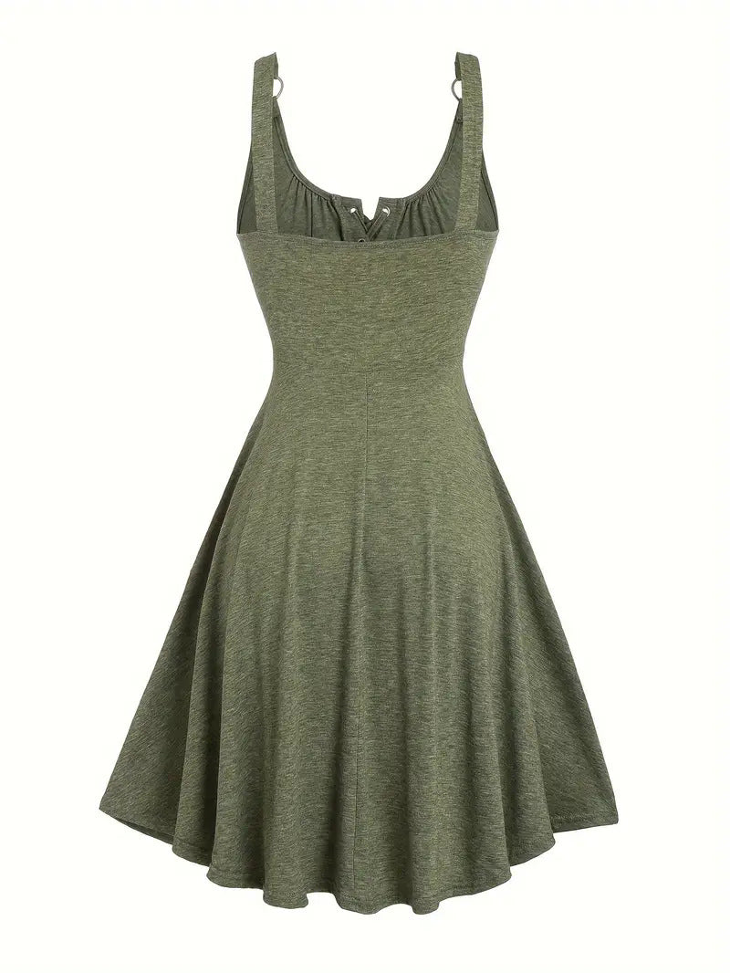 Women's Plain Lace Up Tie Front Tank Dress, Casual Fitted Sleeveless O-ring A Line Dress for Summer, Dresses for Women, Ladies Clothes for Everyday Daily Wear, Womenswear, Vacation Dresses - Seldom Seen Styles