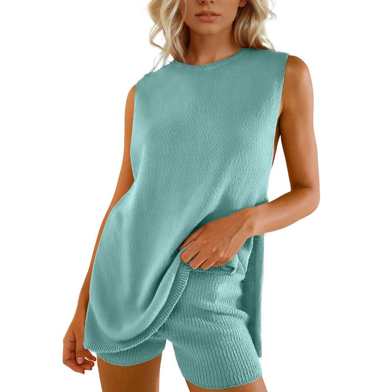 Women's 2 Piece Outfits Summer Knit Sweater Set Sleeveless Tunic Top Matching Shorts Trendy Beach Vacation Sets Loungesetwomen Suits Clothes Womenswear  Basic Beige - Seldom Seen Styles