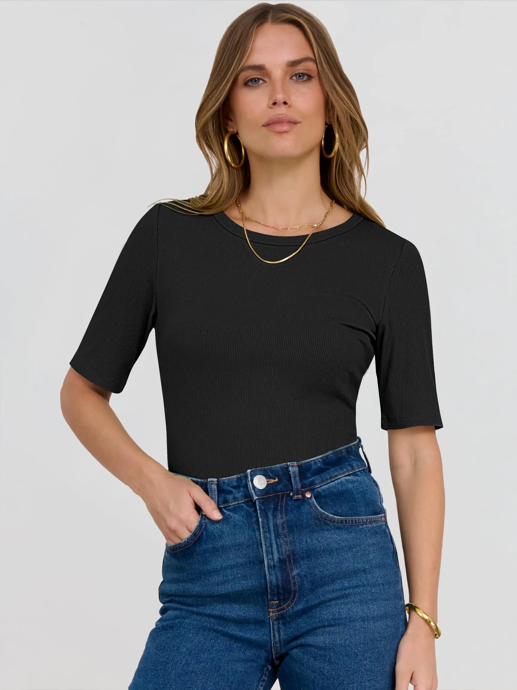 ANRABESS Womens Half Sleeve Crewneck Tops Ribbed Knit Slim Fit Shirts Basic Tee 2026 Spring Summer Dressy Casual T-Shirts - Seldom Seen Styles