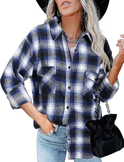 BTFBM Women Shacket Jacket Long Sleeve Button Down Casual Plaid Flannel Shirts Loose Fall Spring Blouses Tops