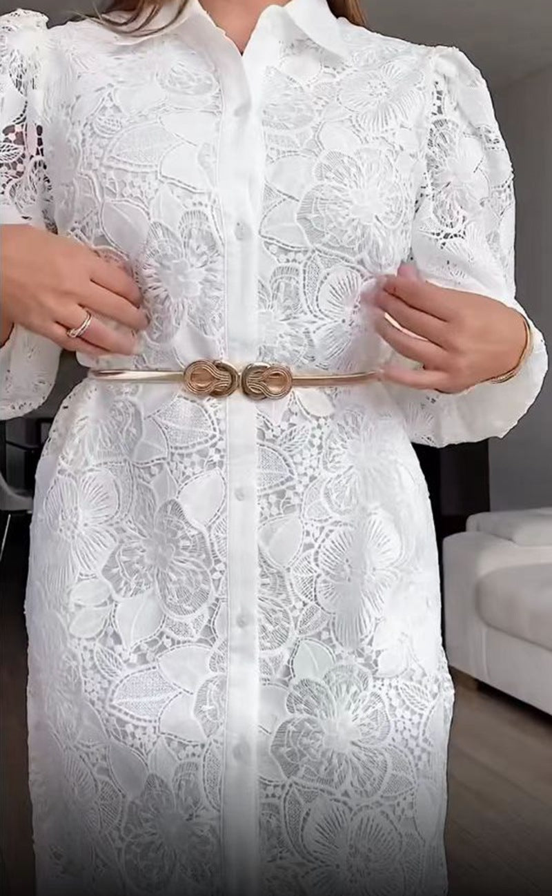 white lace dress lace maxi dress Solid Color Long Sleeve Button Hollow Lace Cardigan Dress Women's