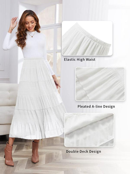 Women's Chiffon Elastic High Waist Pleated A-Line Flared Maxi Skirts Breathable & Comfortable Casual Summer Wear White Black Gymskirt