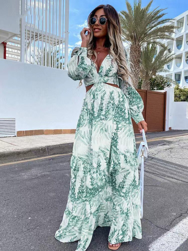 2024Amazon European and American Fashion Women's Wear Spring New Long Printing V Collar Long Sleeve Temperament Dress