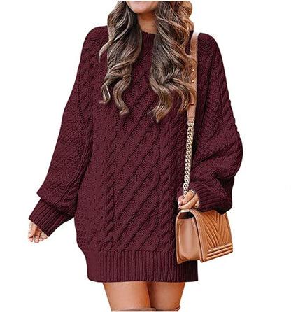 Women's Clothing round Neck Long Sleeve Large Profile Twisted Knitted Thick Needle Pullover Mid-Length Warm Sweater for Women Dress