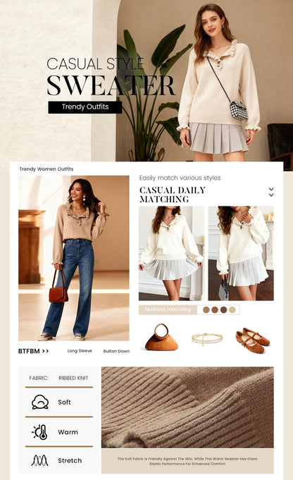 Women's Knit Pullover Sweater Tops - Casual Long Sleeve Button Down Crew Neck Ruffle Solid Color Striped - Knitwear, Womenswear