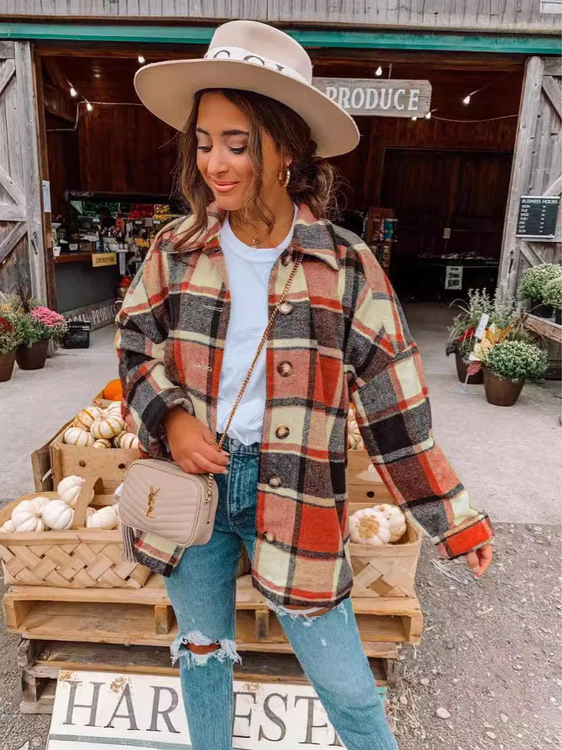 European and american hot2024ebay Amazon wish Autumn and Winter New Fashion Large Plaid Shirt Women's Woolen Coat