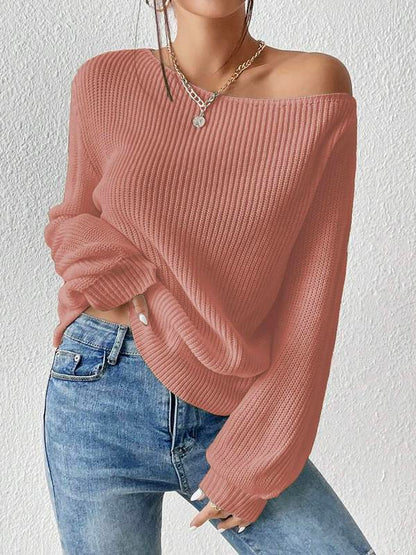 Women's Minimalist Solid Drop Shoulder Asymmetrical Neck Knit Top