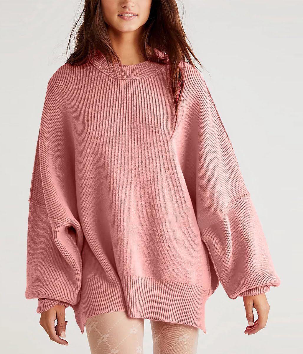 Women's Oversized Batwing Sweaters 2024 Fall Outfits Crewneck Ribbed Knit Side Slit Trendy Pullover Tops