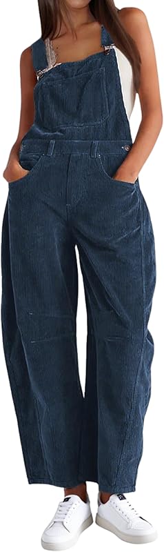 Corduroy Overalls for Women Barrel Wide Leg Bib Corduroy Pants Women Adjustable Romper Jumpsuit with Pockets