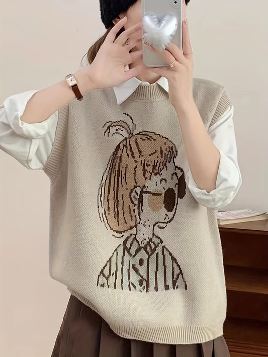 Cartoon Girl Mönster ärmlös väst, Casual Crew Neck Ribbstickad tröja väst för hösten, damkläder