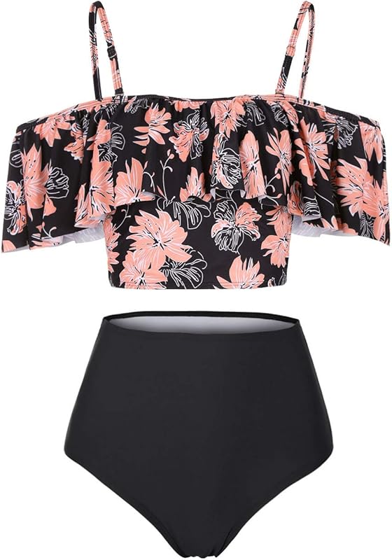 High Waisted Flounce Bikini Set,Tummy Control Swimsuits for Women,Off Shoulder - Seldom Seen Styles