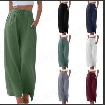 Women's Linen Summer Palazzo Pants Flowy Wide Leg Beach Pants with Pockets - Seldom Seen Styles