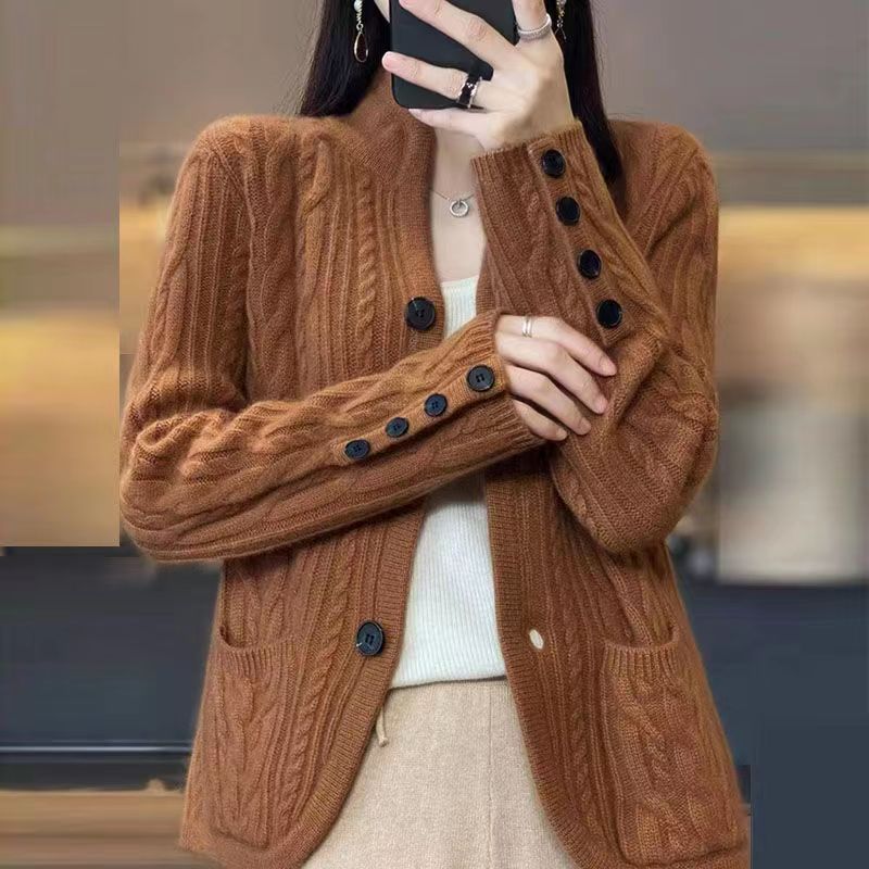 2023 Herbst und Winter Neue Strickjacke Damen Stehkragen Koreanischen Stil Lose Pullover Mantel Nischen Design Kurze Oberbekleidung Top 