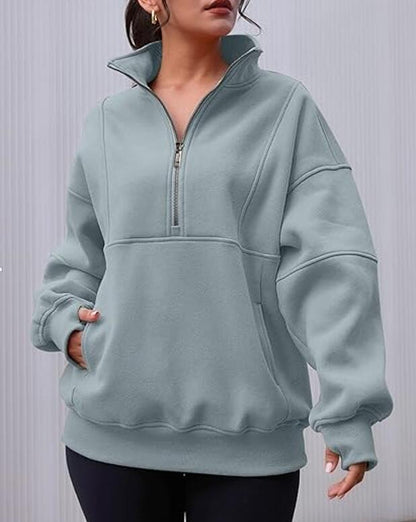 Damen-Sweatshirts mit halbem Reißverschluss, Fleece, Stehkragen, lange Ärmel, Daumenloch, übergroße Pullover mit Taschen