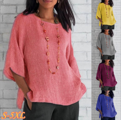 Womens Cotton Linen 3/4 Sleeve Casual Loose Top Crew Neck Shirt Spring Summer Oversized Solid Color Blouses for Women 2024