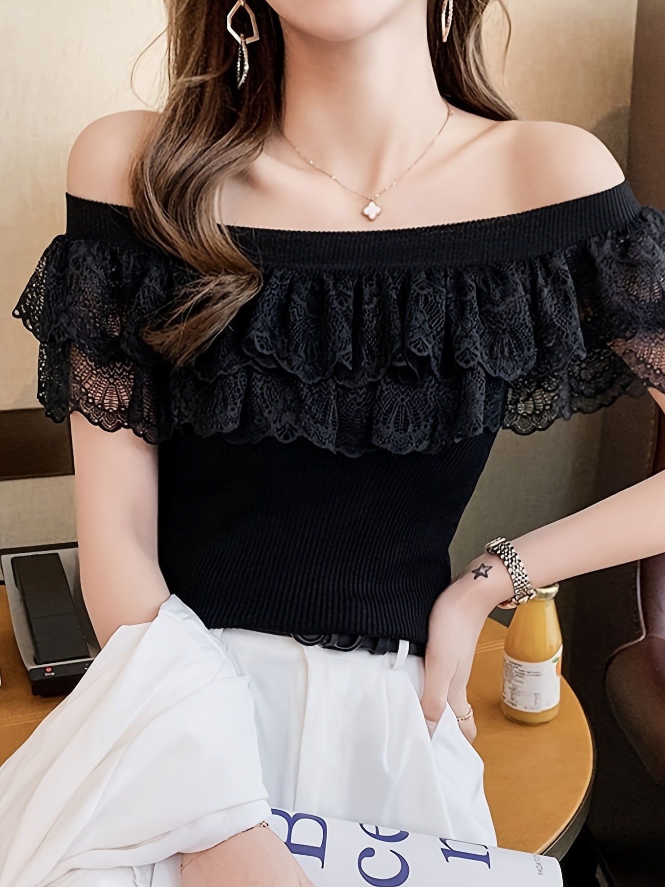 Layered Ruffle Hem Slim Top, Elegant Crew Neck Solid Color Knitted Top For Spring & Summer, Women's Clothing