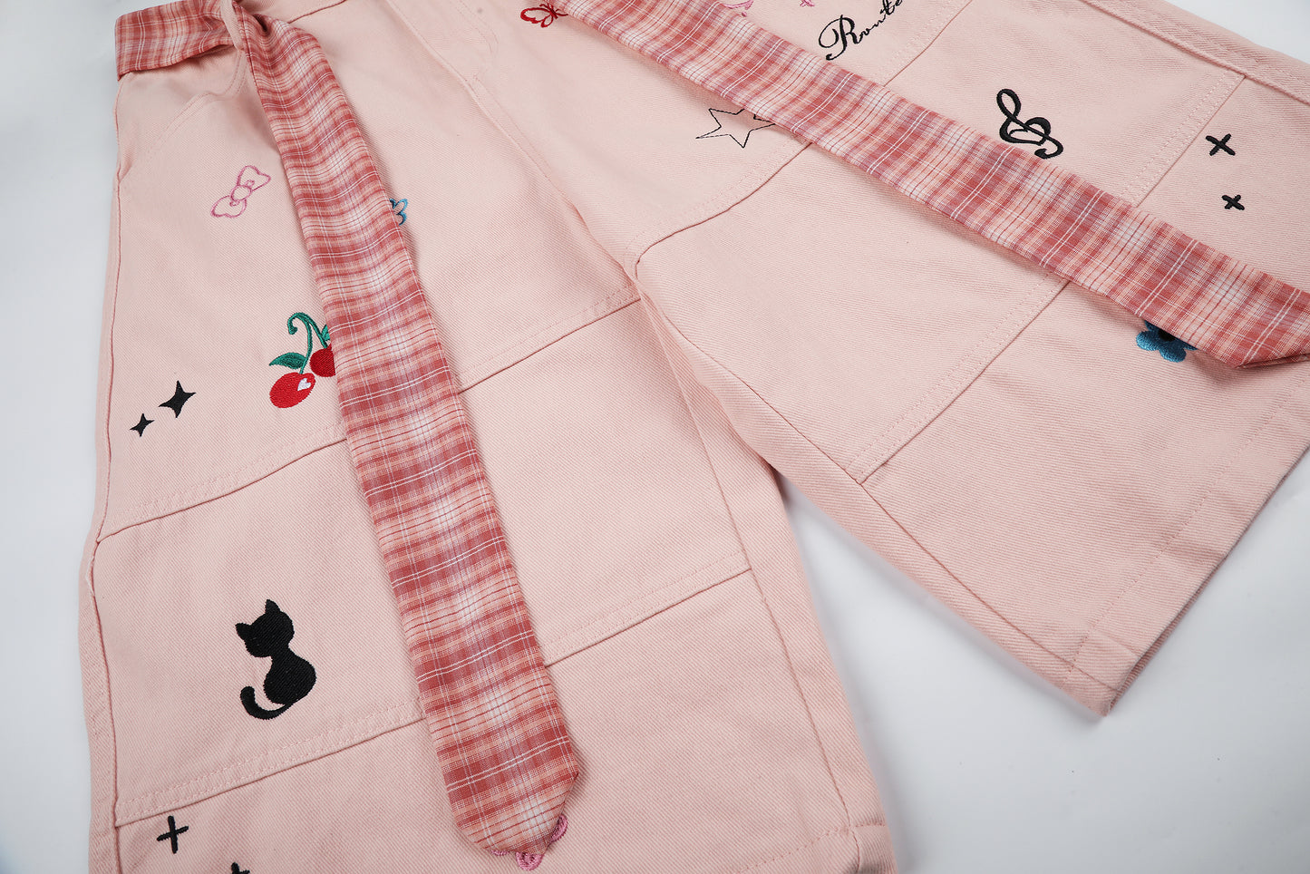 Women's Cute Embroidery Plaid Tie Wide Leg Denim Shorts High Waist Cherry Cat Bow Casual Sweet Streetwear Jean Shorts