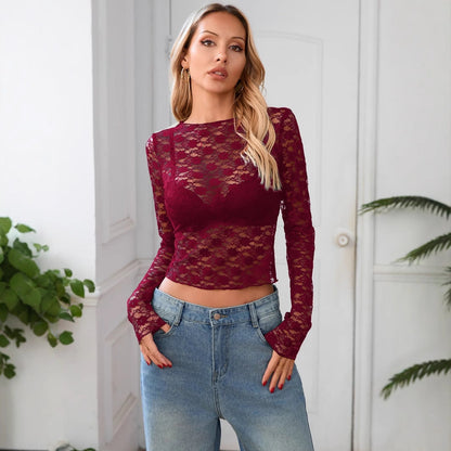 Women's Crew Neck Long Sleeve Sheer Lace Crop Top
