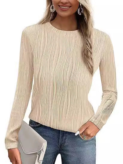 Women's Summer Fall Scalloped Lace Cuff Crewneck Tops Textured Shirts
