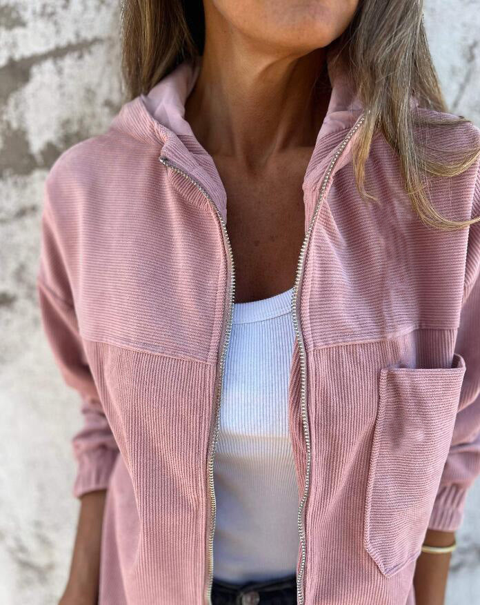 Corduroy Drawstring Hooded Pocket Zip Up Jacket Loose Shacket Coat - Seldom Seen Styles