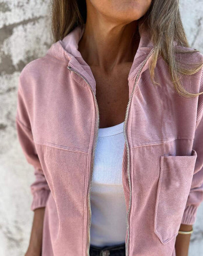 Kord-Kapuzenjacke mit Kordelzug und Reißverschluss, lockerer Shacket-Mantel