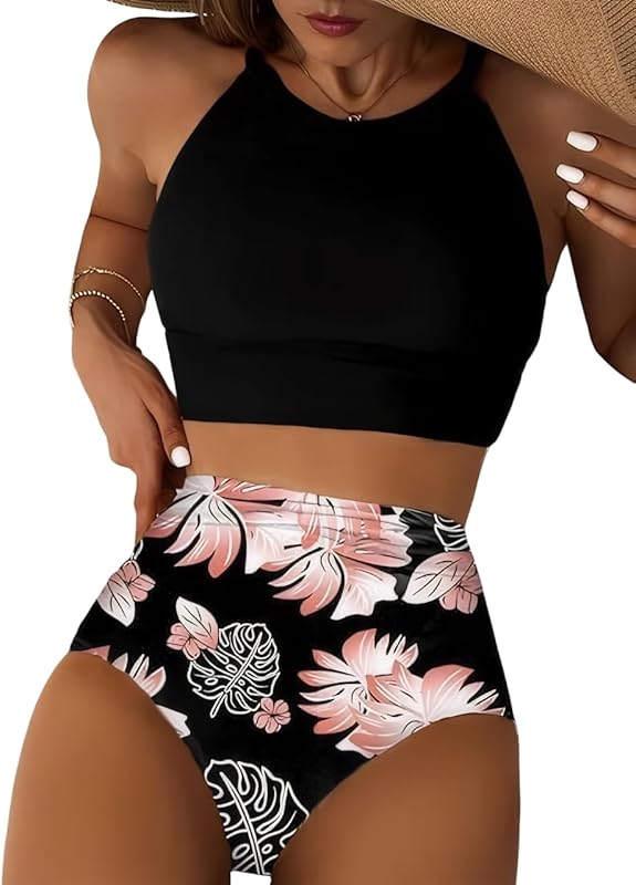 Women's Bikini Sets High Neck Tropical Leaf Print High Waisted Two Pieces Swimsuits Bathing Suits - Seldom Seen Styles