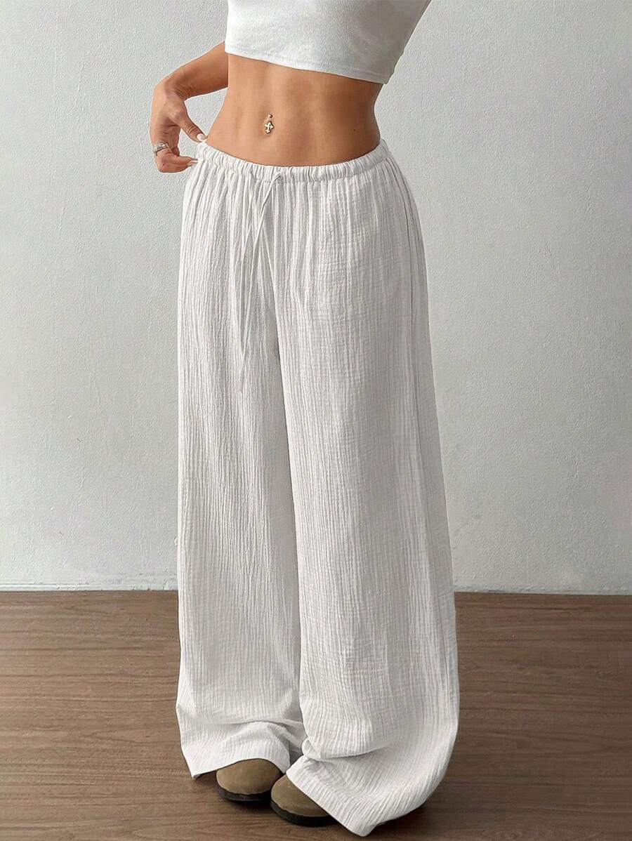 Womens Cotton Linen Palazzo Pants Drawstring Elastic Waist Casual Wide Leg Trousers with Pockets - Seldom Seen Styles