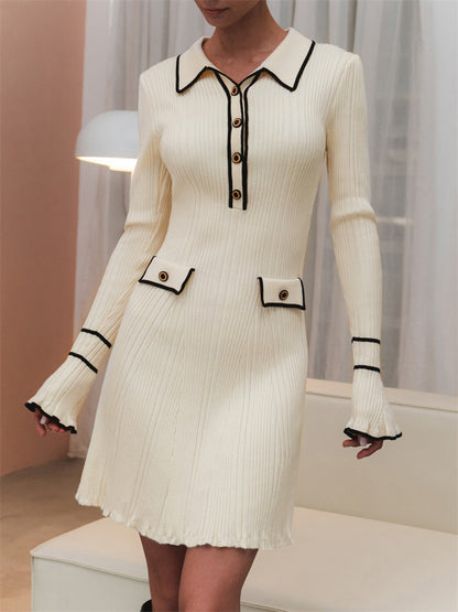 Slim-Fit Graceful Long Sleeve Knitted Dress Women 2024 Spring New Short French Sunken Stripe Tight Lapel Dress