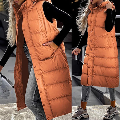 Gilet long matelassé pour femme avec capuche matelassée et fermeture boutonnée pour manteau d'hiver 2024 - Hauts, Vêtements femme