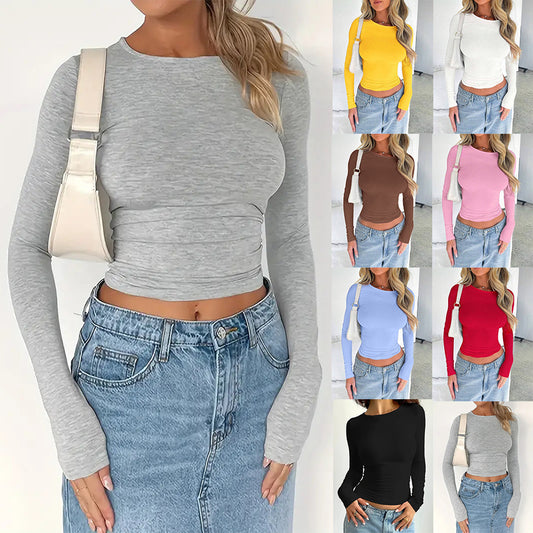 Women's Solid Color Simple Minimalist Long Sleeve Round Neck Tee, Casual Crew Neck T-shirt for Spring & Fall, Fashion Women's Tops for Everyday Daily Wear, Downtown Girl Womenswear, Going Out Tshirt 2000s, Clothing, Spring Tops - Seldom Seen Styles