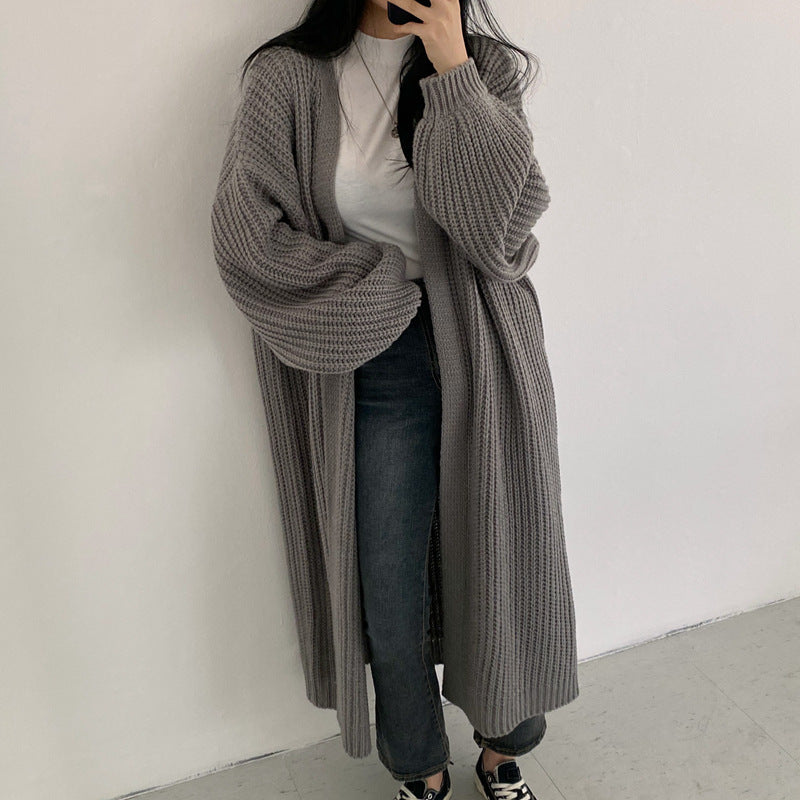 2024Autumn and Winter New Korean Style Solid Color Idle Style Sunken Stripe Long Knitted Cardigan Lantern Sleeve Sweater Women's Coat Fashion