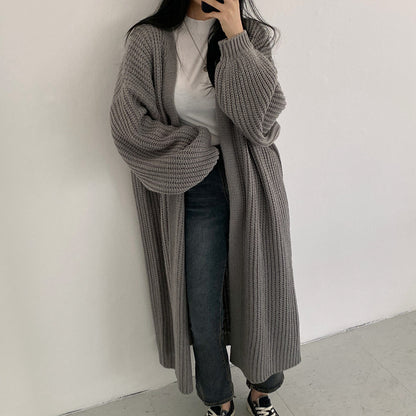 2024Autumn and Winter New Korean Style Solid Color Idle Style Sunken Stripe Long Knitted Cardigan Lantern Sleeve Sweater Women's Coat Fashion