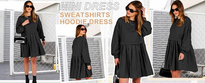 Women Oversized Sweatshirts Hoodie Dress Long Sleeve Crewneck Casual Baggy Patchwork Pleated Flowy Mini Dresses