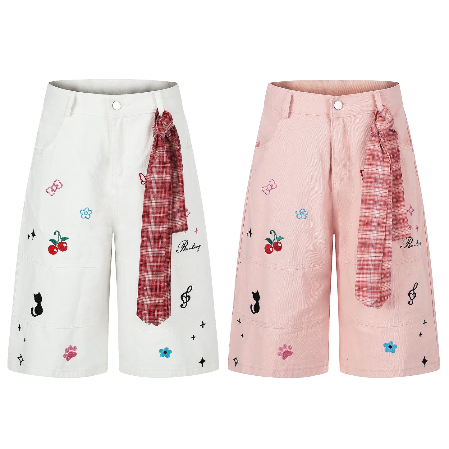 Women's Cute Embroidery Plaid Tie Wide Leg Denim Shorts High Waist Cherry Cat Bow Casual Sweet Streetwear Jean Shorts