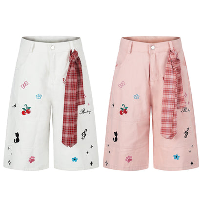 Women's Cute Embroidery Plaid Tie Wide Leg Denim Shorts High Waist Cherry Cat Bow Casual Sweet Streetwear Jean Shorts