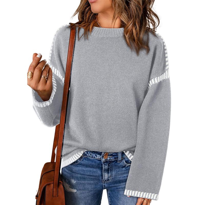 Sweaters for Women Fashion Solid Crewneck Loose Fit Long Sleeve Contrast Cable Knit Pullover Sweater Jumper Tops Knitwear Womenswear Knitwear Womenswear - Seldom Seen Styles