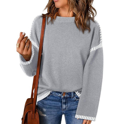 Sweaters for Women Fashion Solid Crewneck Loose Fit Long Sleeve Contrast Cable Knit Pullover Sweater Jumper Tops Knitwear Womenswear Knitwear Womenswear