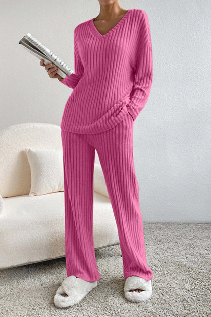 V Collar  Stripe Knitted Suit Two-Piece Set for Women2024Autumn New Fashion Casual Straight-Leg Pants Loose Temperament