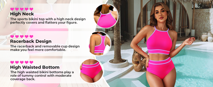 Women's High Waisted Bikini Sets Sporty Two Piece Swimsuit Color Block High Neck Bathing Suit - Seldom Seen Styles