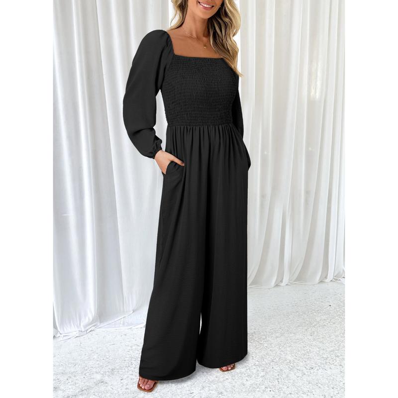 Women's Plain Ruched Shirred Pocket Wide Leg Jumpsuit, Casual Bishop Sleeve Square Neck Jumpsuit for Spring & Fall, Ladies Clothes for Daily Wear - Seldom Seen Styles