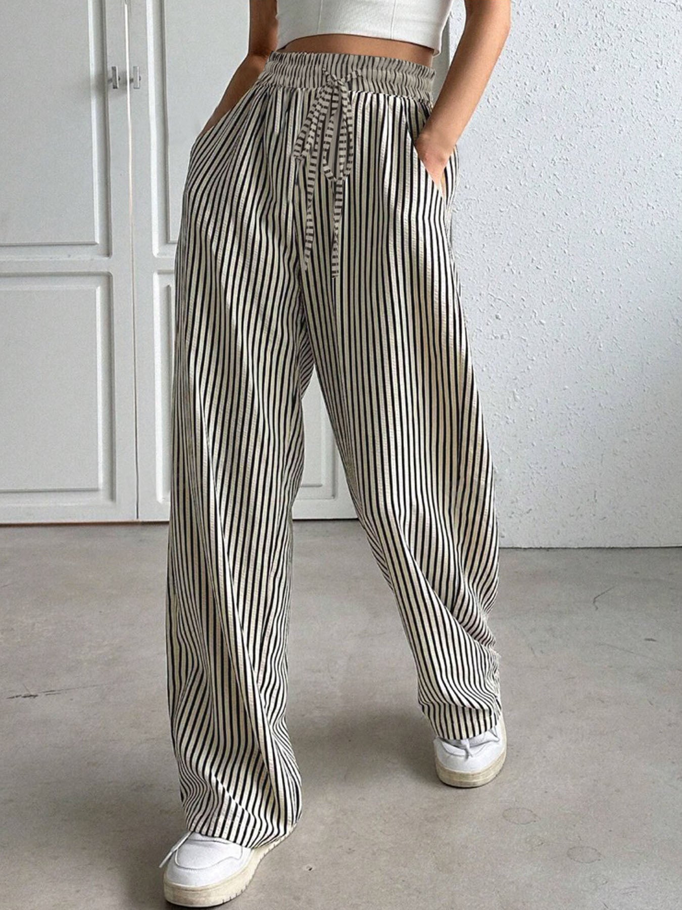 Women's Casual Striped Wide Leg Pants Drawstring Elastic Waist Dress Palazzo Pants with Pockets - Seldom Seen Styles