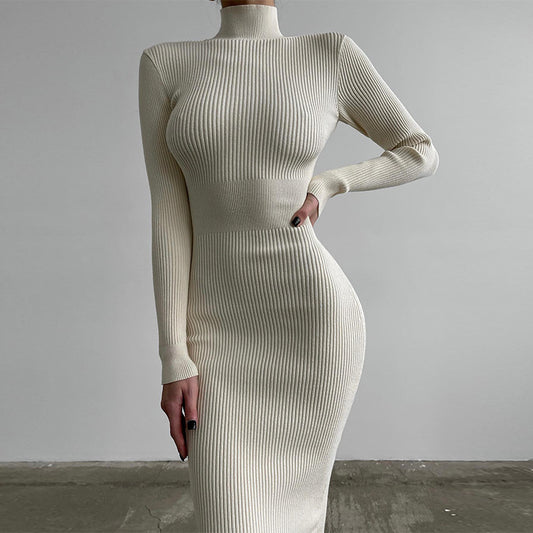 High Collar Mid-Length Sunken Stripe Knitted Dress Women's Solid Color Woolen Tight Sexy2022Autumn and Winter European and American Style Dress