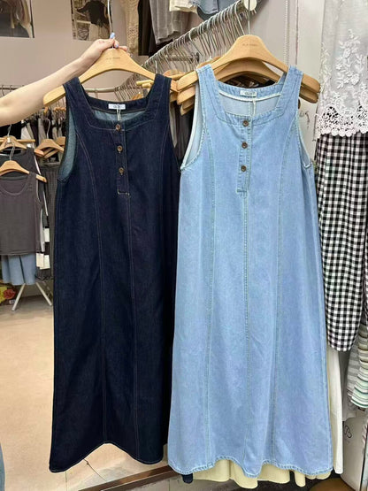 Women's Light Blue Denim Sleeveless Maxi Dress Square Neck Button Front Cotton Jean Dress
