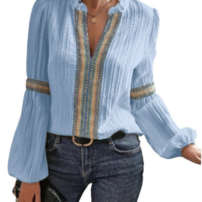 Women’s Lace Trim V Neck Lantern Long Sleeve Blouses Oversized Dressy Casual Loose Fit Business Work Shirts Tops