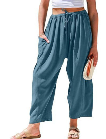 Pantalon large pour femme, décontracté, ample, avec cordon de serrage, fluide, pour l'été, la plage, style sarouel, avec poches